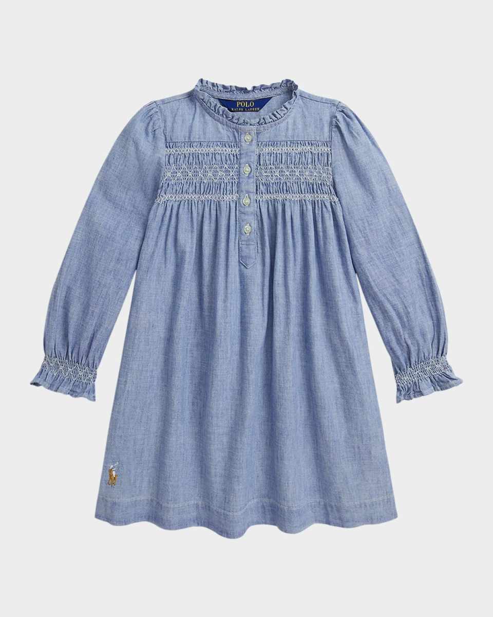 Girl's Smocked Cotton Chambray Babydoll Dress, Size 2-6X